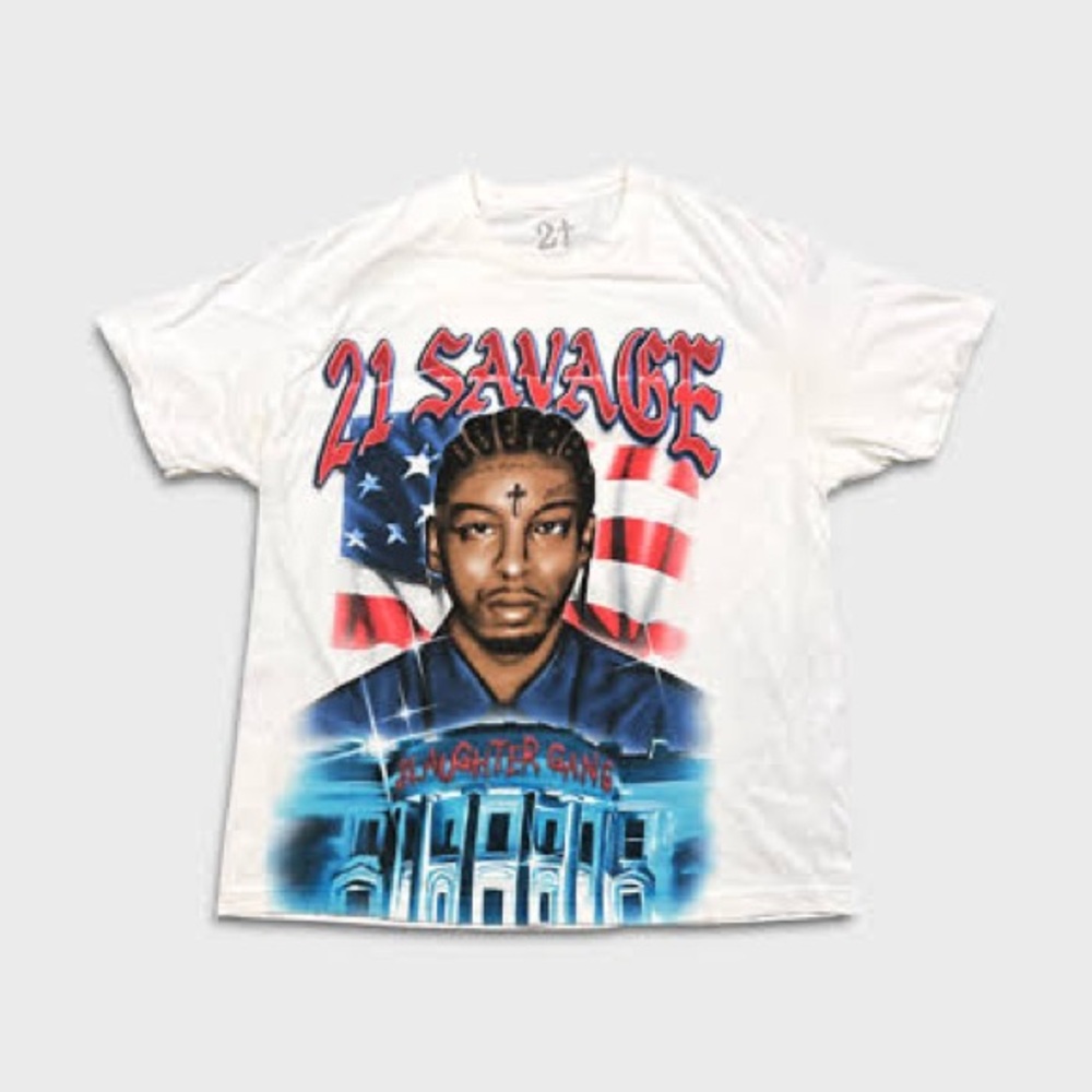 21 Savage Graphic Tee - White with Red & Blue Artwork